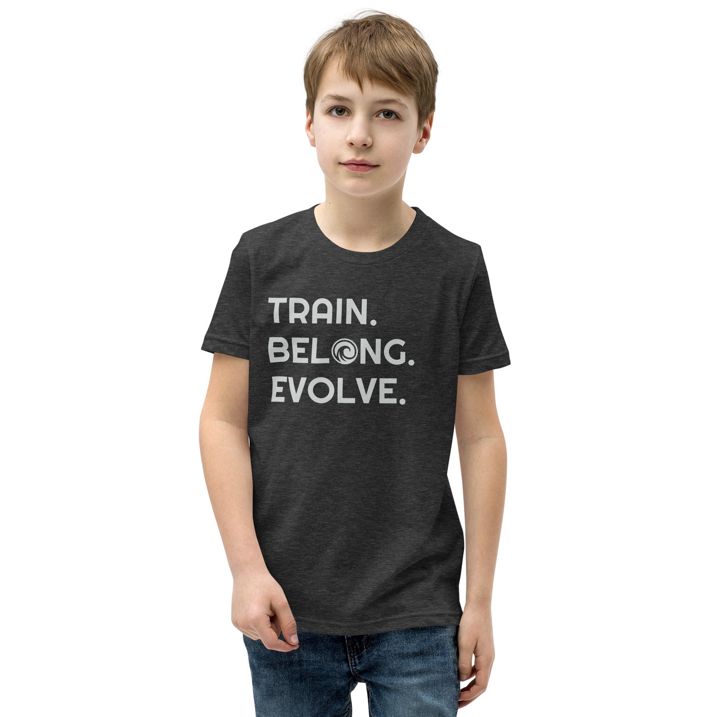 Train. Belong. Evolve. Black Youth Tee